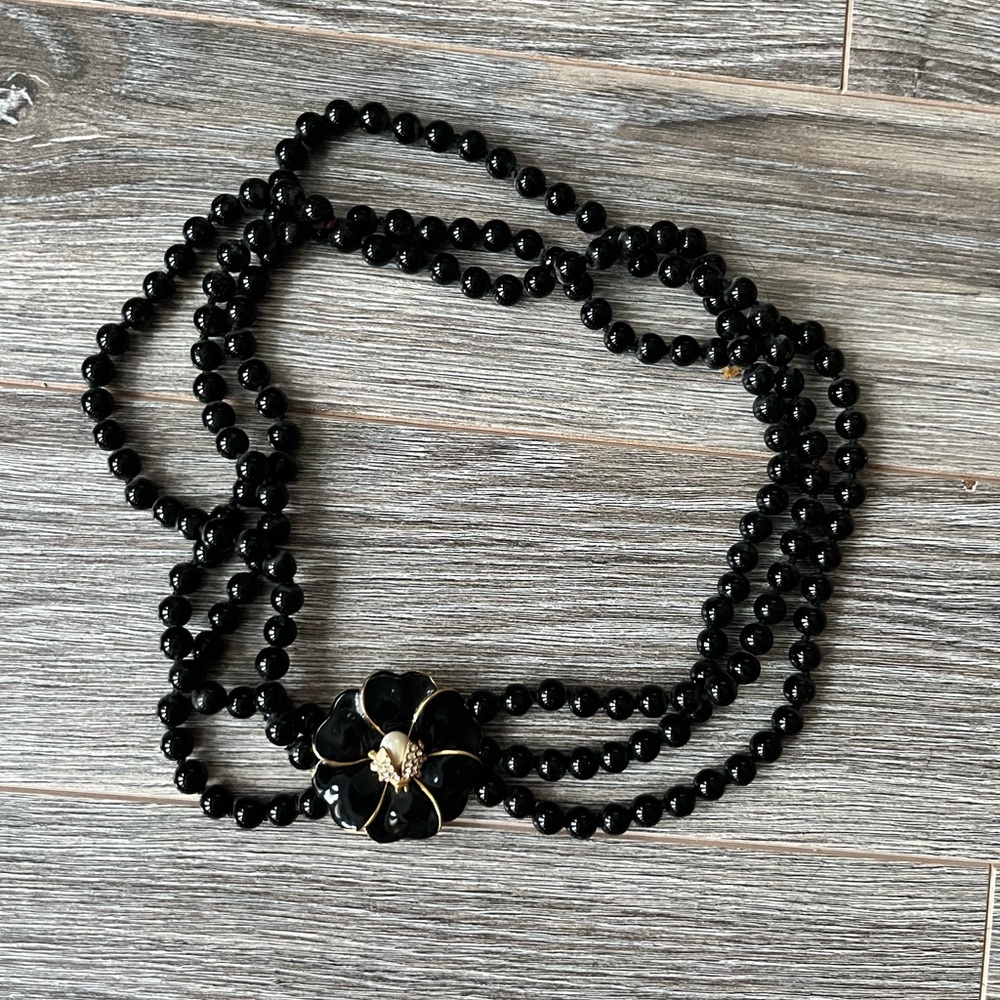 Stella & Dot Black Beaded Necklace with Gold Flower